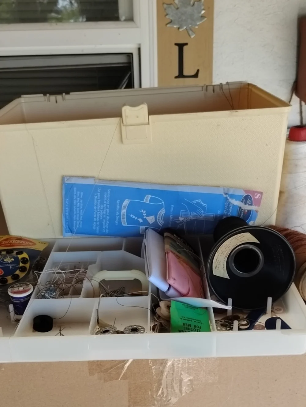 Cream Plastic Sewing Storage Box with Contents Removable Tray